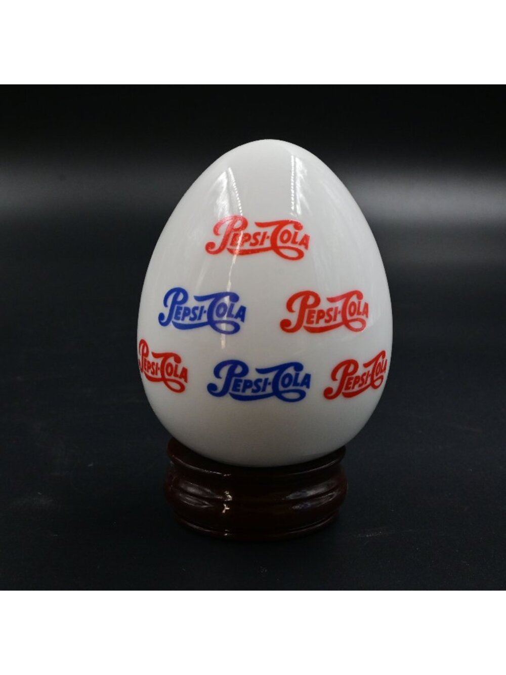 Pepsi-Cola White Glass Logo Display Egg Collectible With Wooden Stand Vintage